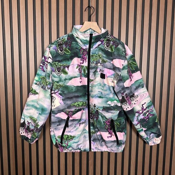 GRMY Bomber Jacket XS Green Multicolor Aztec Maya Art Tie Dye Full Zip Mesh Line - Picture 1 of 8